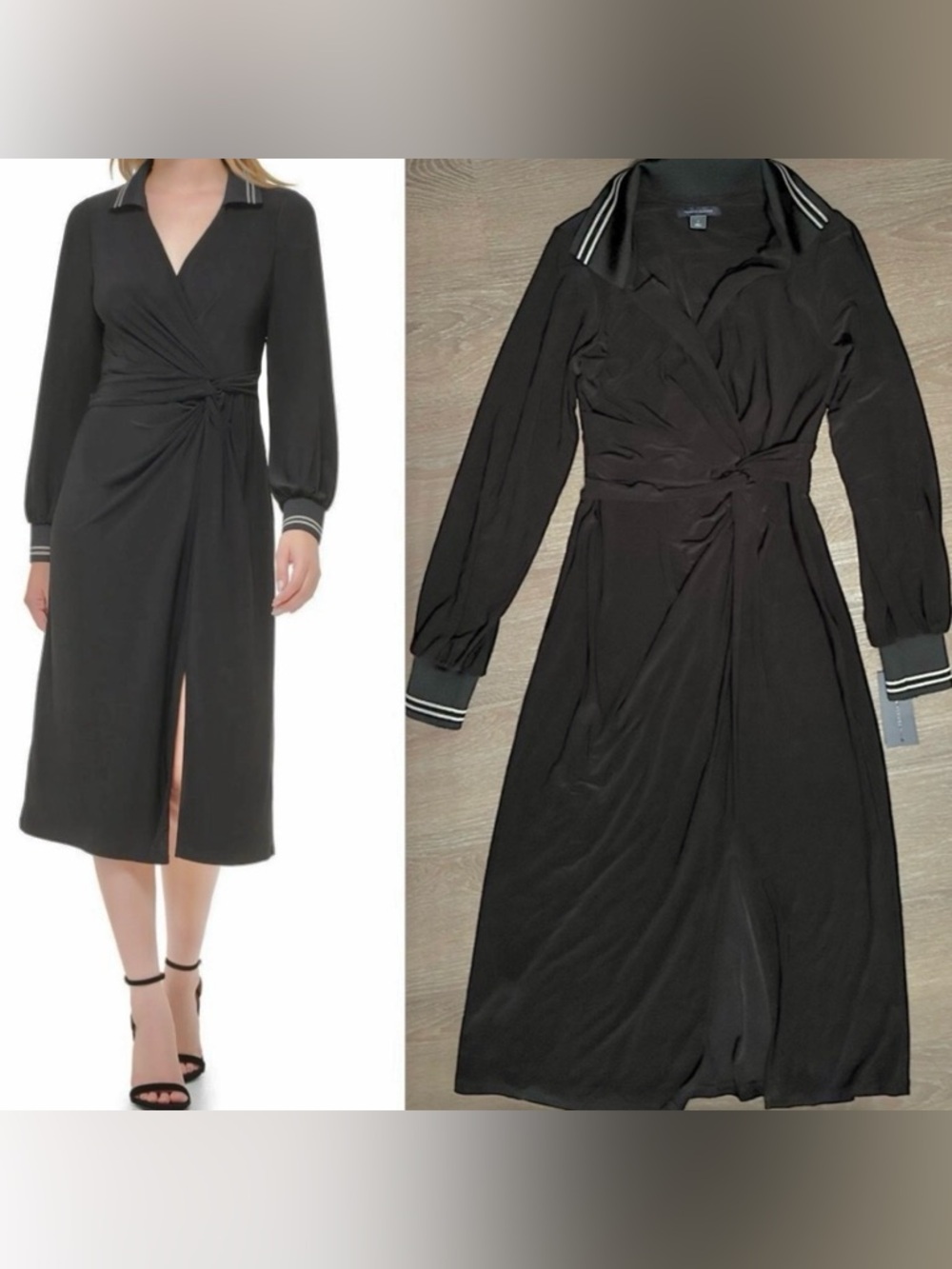 Tommy Hilfiger Womens
Twist Front midi dress size 2 black stripe cuff collar